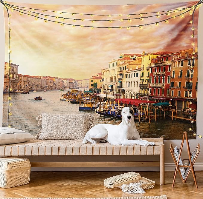 Ambesonne Scenery Tapestry, Venezia City Italian Landscape with Old Houses Gondollas and Spikes Image, Fabric Wall Hanging Decor for Bedroom Living Room Dorm, 45" X 30", Orange Yellow