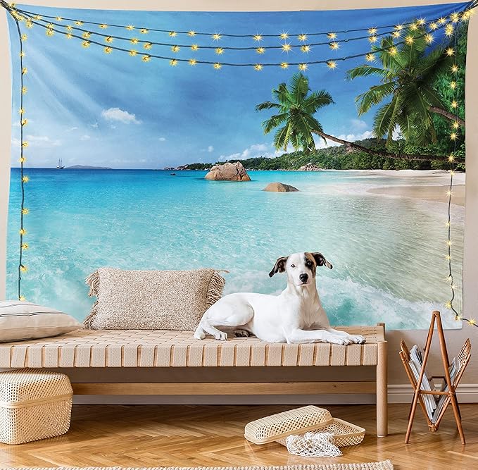 Ambesonne Ocean Tapestry Twin Size, Anse Lazio Beach at Praslin Island Surfing Beach Scenic View Travel, Wall Hanging Bedspread Bed Cover Wall Decor, 68" X 88", Blue and Turquoise