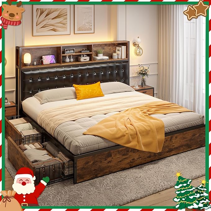 EnHomee Queen Bed Frame with 4 Storage Drawers, Bed Frame Queen Size with Upholstered Headboard and Built in Charging Station, No Noise, Metal Support, No Box Spring Needed,Vintage Brown