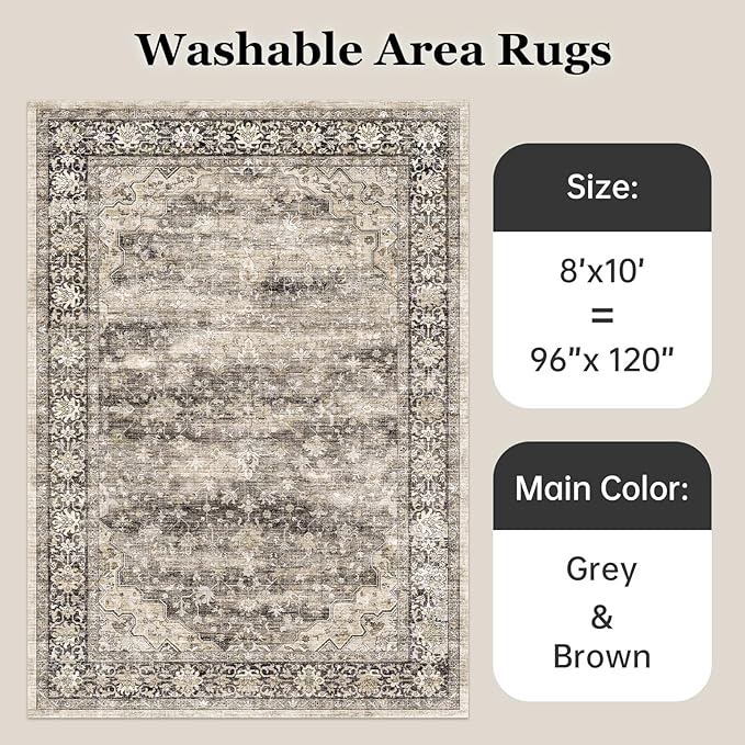 Hazel Brown 8x10 Area Rugs for Living Room Washable Non Slip Boho Rugs Soft Faux Fur Low Pile Stain Resistant Vintage Euro Floral Large Carpet Rug Aesthetic Retro for Bedroom Dining Room Family Room