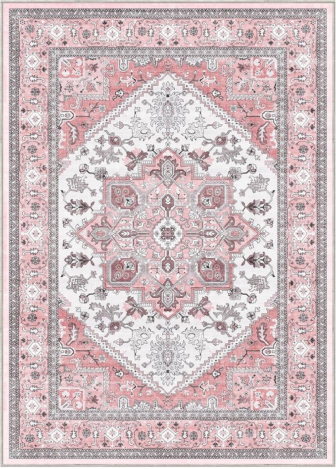 OPPODREAM Thin Area Rugs 5x7, 5x7 Washable Rug with Non Slip Backing, 5 x 7 Faux Cashmere Low-Pile Carpet, Pink & Cream