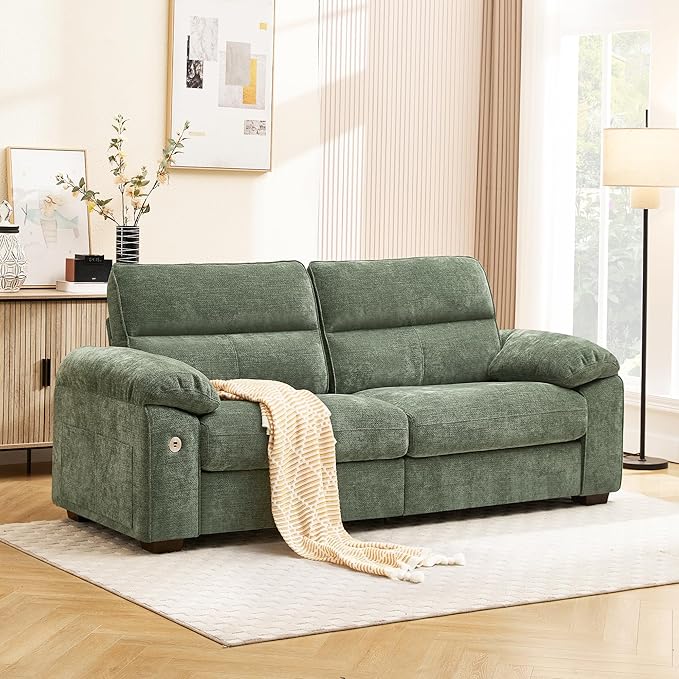 Ihanherry 72" Modern Sofa for Living Room, Deep Seat Chenille Loveseat with Fast Charging Port & Removable Washable Cushions, Pillow-Armrest Couch for Small Space/Apartment, Sturdy Frame, Green