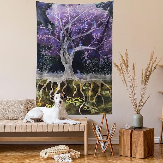Ambesonne Tree of Life Tapestry, Psychedelic Mysterious Nature at Night Birds and Fishes Home Art, Fabric Wall Hanging Decor for Bedroom Living Room Dorm, 30" X 45", Purple Black