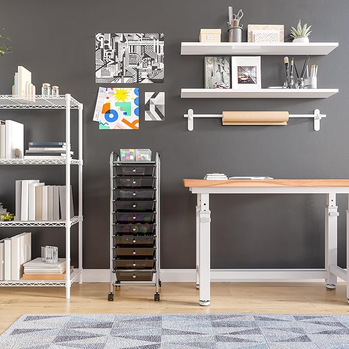 Seville Classics Rolling Utility Organizer Storage Cart, for Home Office, School, Classroom, Scrapbook, Hobby, Craft, 10 Drawer, Black
