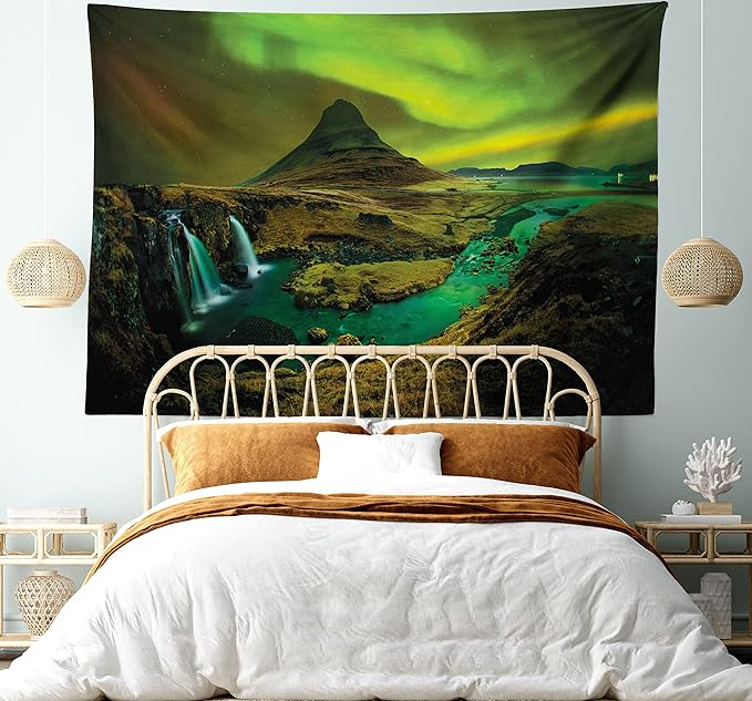Ambesonne Aurora Borealis Tapestry, Pale Weather over the Hills Waterfall Creek Nature Landscape, Fabric Wall Hanging Decor for Bedroom Living Room Dorm, 28" X 23", Olive Green