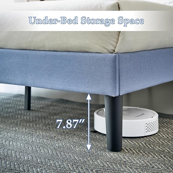 VECELO Queen Size Bed Frame with Adjustable Headboard, Upholstered Button Tufted Platform Bedframe with Wood Slats Support, No Box Spring Needed, Light Blue