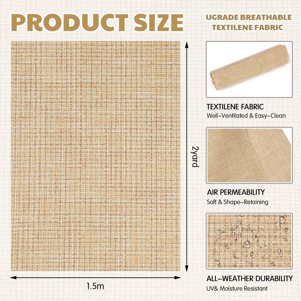 SmoothNovelty Vinyl Woven Mesh Sling Fabric 2 Yard x 1.5 M Outdoor Patio Chair Replacement Fabric Woven Waterproof Sling Material Patio Furniture Repair DIY Upholstery, Beige