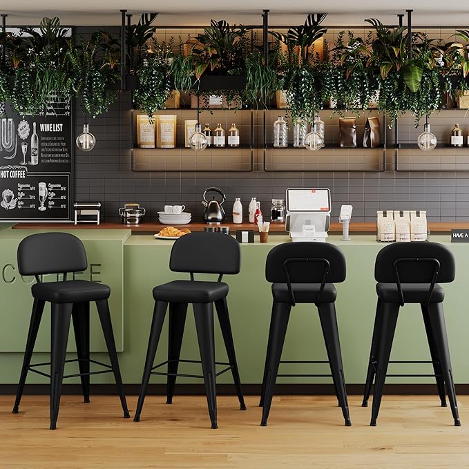 Aklaus PU Leather Metal Bar Stools 24 inch Faux Leather Counter Height Barstools Set of 4 Modern Farmhouse Bar Chairs with High Backs and Faux Leather Seat for Kitchen Island Dining Room Matte Black