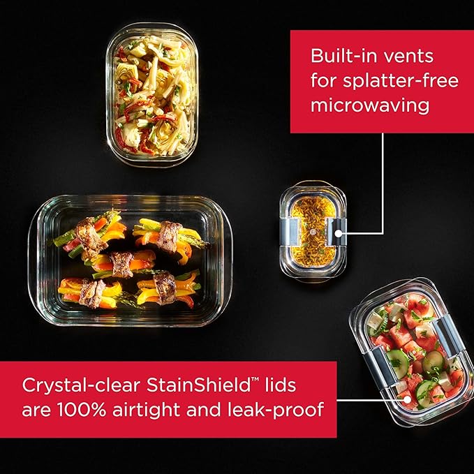 Rubbermaid Brilliance Glass Food Storage Containers, Assorted Sizes, Set of 9, BPA-Free, Leak-Proof, Clear