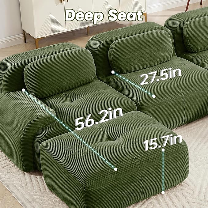 80" Modern Corduroy Boneless Love Seat Couches, 2 Seater Large Sectional Couches for Living Room, Green Cloud Modular Sectional Sofa, Memory Foam, Extra Deep Loveseat, No Assembly