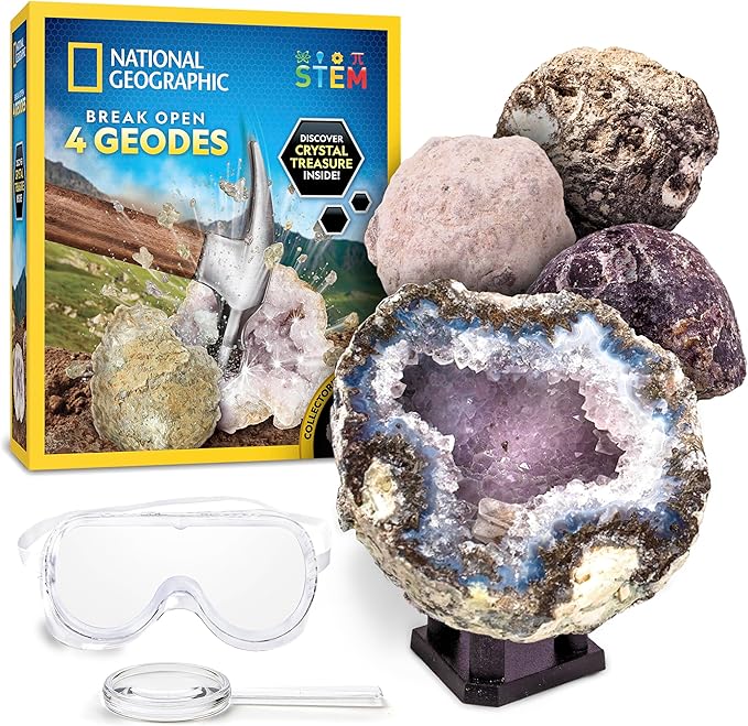 National Geographic Break Open 4 Geodes Science Kit – Includes Goggles and Display Stand - STEM Science Gift for Boys and Girls, Break Your Own Geodes with Crystals (Amazon Exclusive)