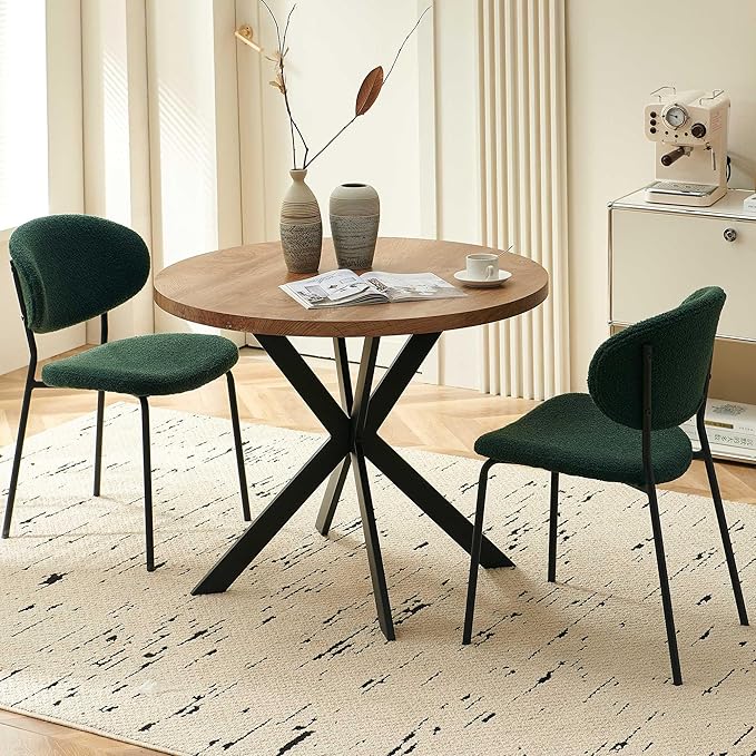 3-Piece Kitchen Table and Chairs Set,37" Round MDF Living Coffee Table with 2 Seated Green Boucle Dining Chairs Upholstered, Open-Back Living Room Chairs for Restaurant, Home, Coffe Shop