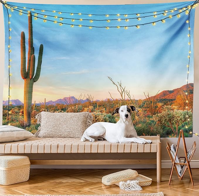 Ambesonne Saguaro Tapestry King Size, Sun Goes down in Desert Prickly Pear Cactus Southwest Texas National Park, Wall Hanging Bedspread Bed Cover Wall Decor, 104" X 88", Orange and Blue