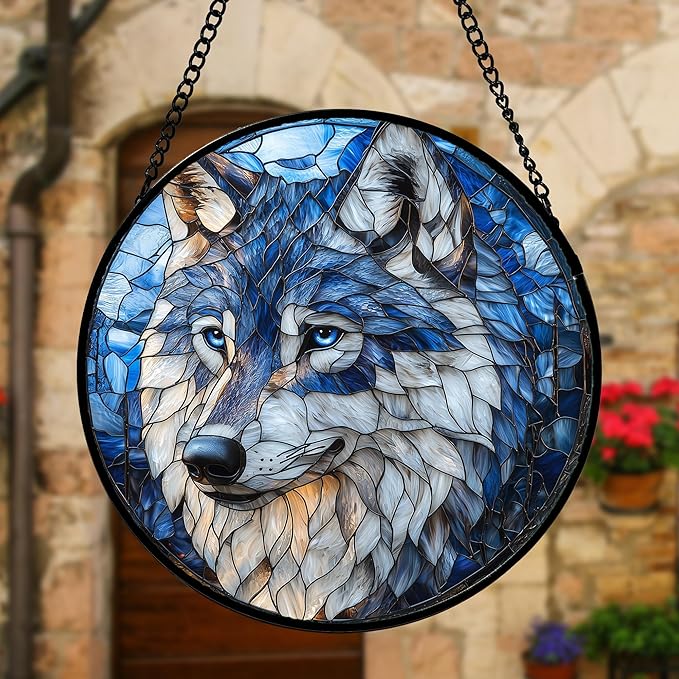 Stained Glass Window Hanging - Funny Wolf Suncatcher Ready to Hang Window Doors Home Decoration and Christmas, Mother's Day Birthday Gifts for Women, Men, and Mom 7.8x7.8 in