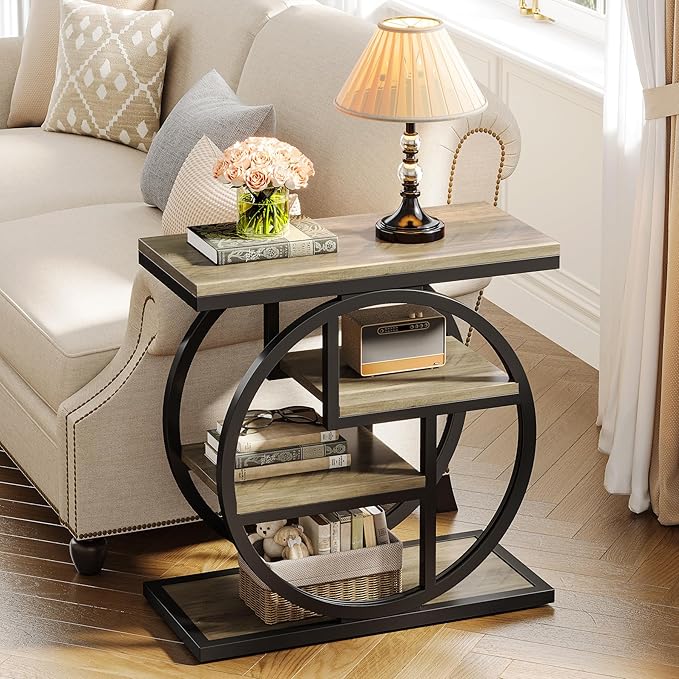 Tribesigns End Table Set of 2, 4-Tier Narrow Side Table with Storage Shelves, Wood Small Sofa Side Table with Geometric Metal Frame, Industrial Bedside Table for Bedroom, Living Room, Grey