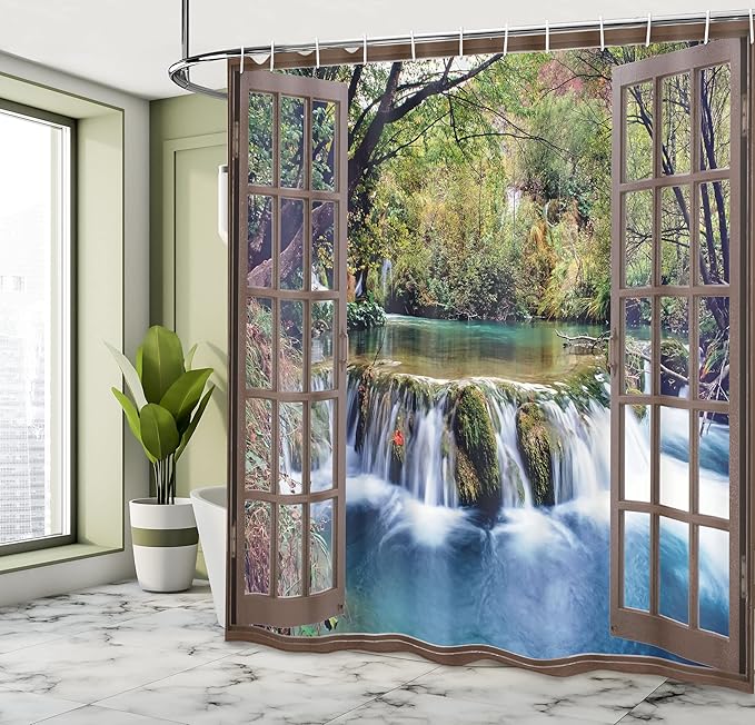 Ambesonne Waterfall Shower Curtain, Wide Waterfall Deep Down in The Forest Seen from a City Window Epic Surreal Print, Cloth Fabric Bathroom Decor Set with Hooks, 69" W x 75" L, Forest Green