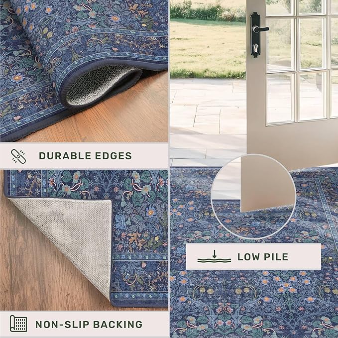 Non Slip 2x10 Dark Blue Hallway Runner - 10ft Long Runner Rugs, Washable Kitchen Floor Mat - Vintage Navy Floral Design Décor