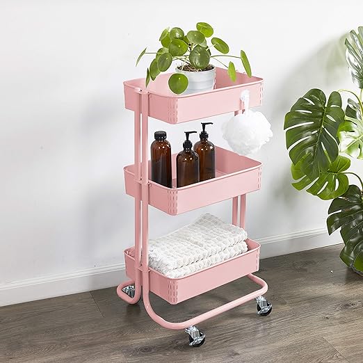 ECR4Kids 3-Tier Metal Rolling Utility Cart, Multipurpose Storage, Pink