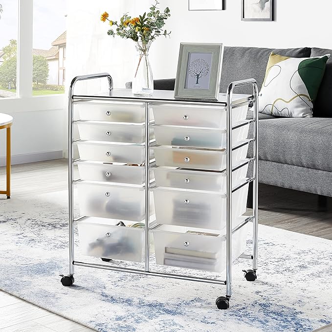 Yaheetech 12 Drawers Rolling Storage Cart Multipurpose Movable Organizer Cart Storage Bin Trolley Tools Scrapbook Paper Organizer on Wheels, White