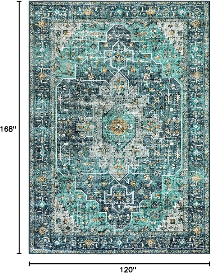 Moynesa Ultra-Thin Washable 10x14 Area Rugs for Living Room, Teal Large Living Room Rug Non Slip, Vintage Oriental Indoor Floor Carpet for Dining Room Table Dorm Home Office Decor