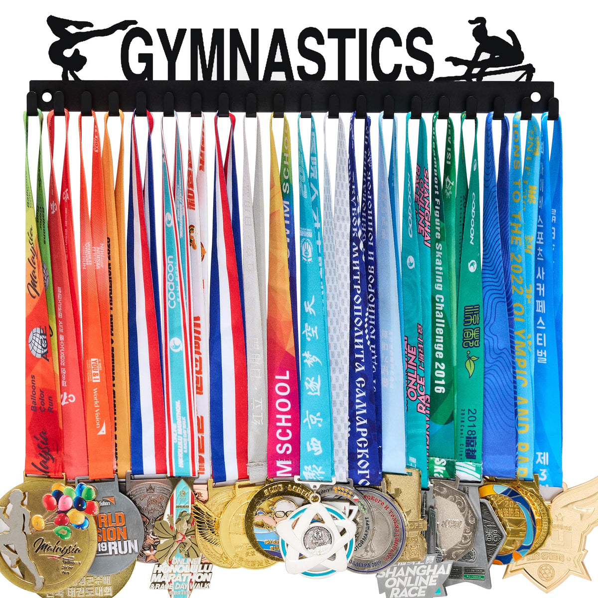 Goutoports Medal Wall Hanger Display - Gymnastics Girls - Award Plaques Rack for Sports - Black Steel Metal Holder With 20 Hooks Hold Up 60 Medals Easy to Install