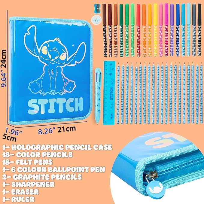 Disney Stitch Pencil Case for Girls Kids Tweens Colored Pencils Markers Pen Eraser Ruler Frozen School Supplies Stationary Gifts for Girls (Blue Stitch 1 Compartment)