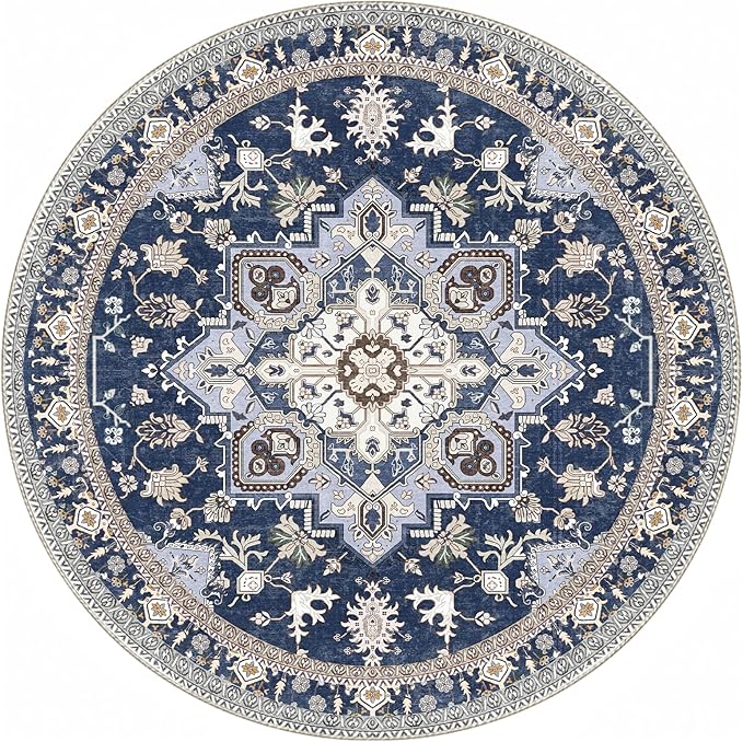 OPPODREAM Thin Round Rug 3ft, Washable Circle Rug 3ft with Non Slip Backing Play Room, Low-Pile Carpet 3 ft, Small Faux Cashmere Throw Carpet, Navy Blue & Gold