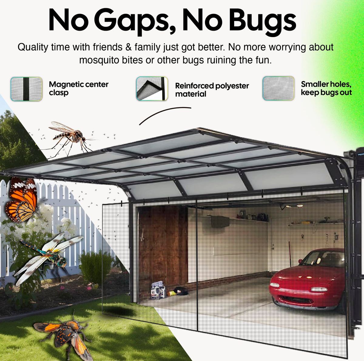 UnBugs Garage Screen Doors for 2 Car Garage - Fits Double Garage Doors up to 16 Feet Wide x 8 Feet Tall MAX- Pet & Kid Friendly, Self-Closing - Hands Free Magnet Closure Keeps Bugs Out & Breeze in