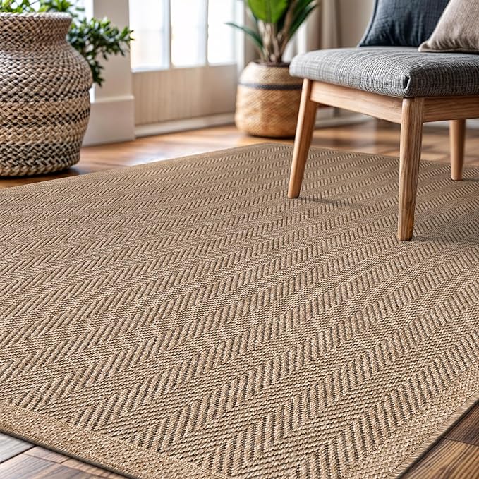 CAMILSON Easy Jute Rug 5x7, Indoor Outdoor Natural Color Fiber Area Rugs for Living Room Patio and Kitchen Rug Herringbone Seagrass Woven Design Easy-Cleaning Washable Outside Carpet Alfombras 5 x 7
