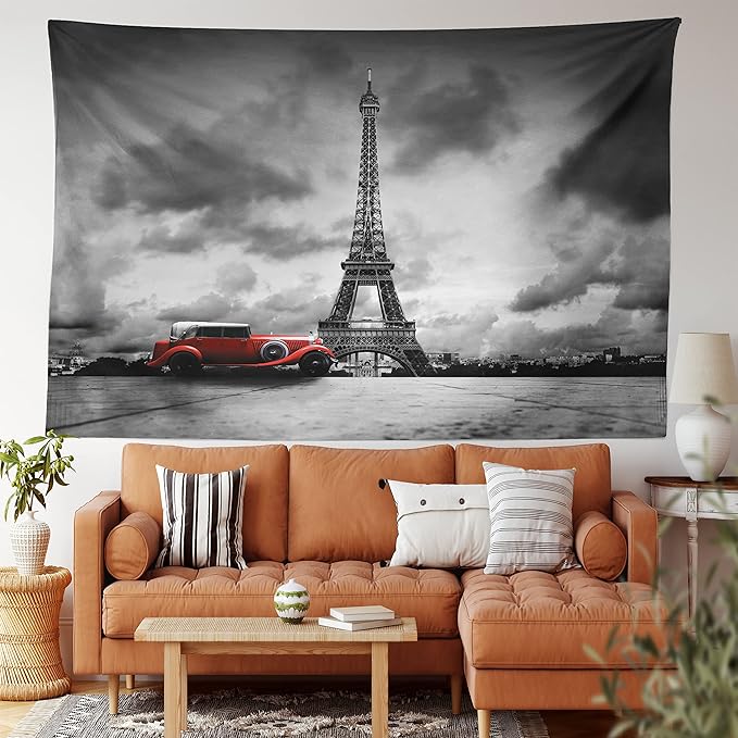 Ambesonne Eiffel Tower Tapestry, Image of Eiffel Tower Paris France Vintage Car Street Dark Clouds, Fabric Wall Hanging Decor for Bedroom Living Room Dorm, 45" X 30", Black Red