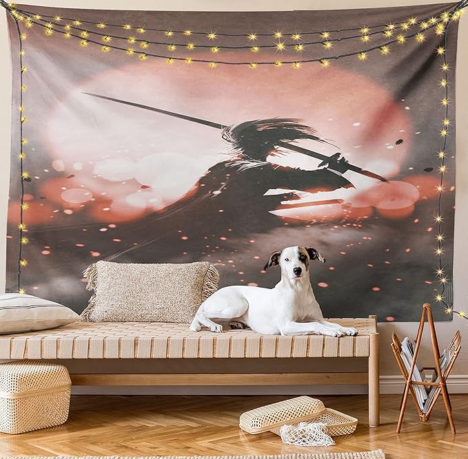 Ambesonne Japanese Tapestry, Reflection of Samurai Practicing Sunset Background Free from Death Concept, Fabric Wall Hanging Decor for Bedroom Living Room Dorm, 45" X 30", Salmon Umber