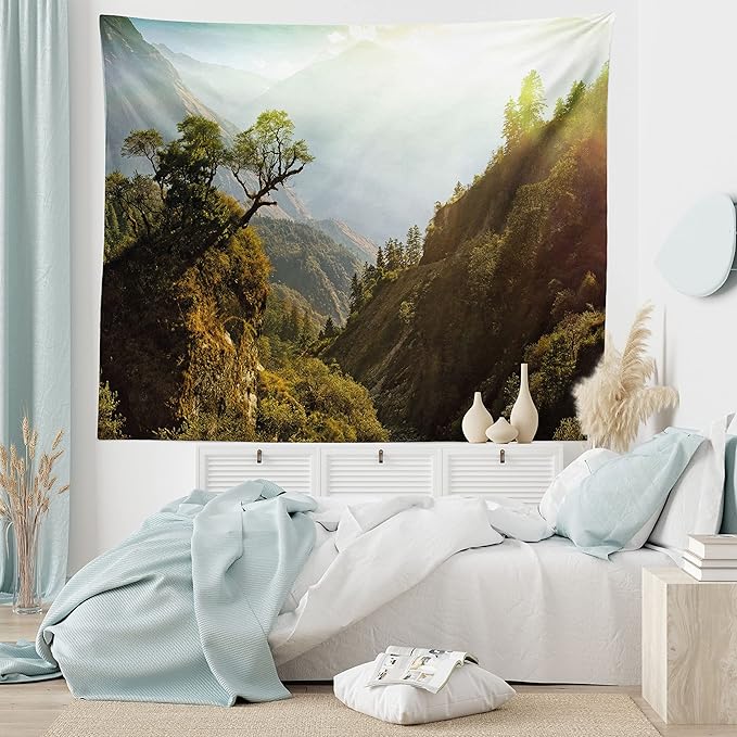 Ambesonne Landscape Tapestry King Size, Forest Nepal Himalaya Mountains Sunlight Majestic Scenery Nature Photo, Wall Hanging Bedspread Bed Cover Wall Decor, 104" X 88", Green Pale Yellow