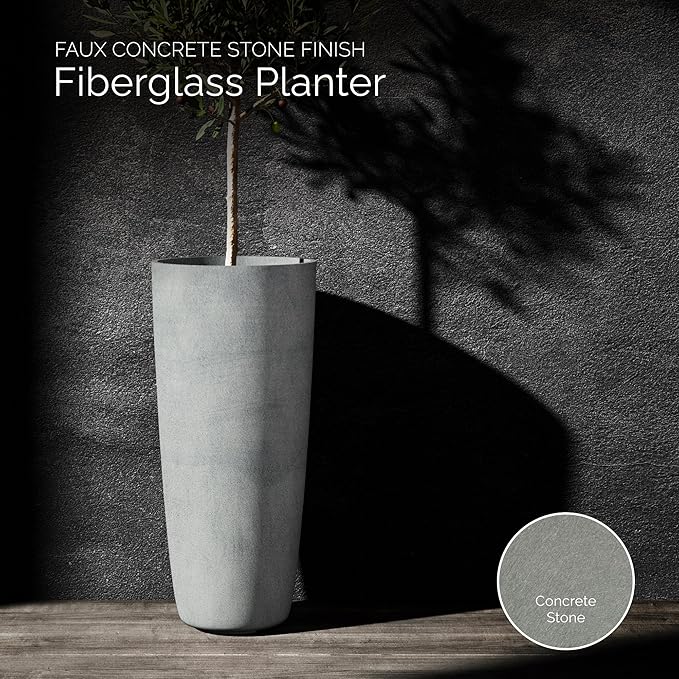Lofto Tall Planter – Concrete Stone Finish – Fiberglass Indoor/Outdoor and Weather-Resistant Large Planter (19.7" D x 43.7" H Exterior, 18.5" D x 43.3" H Interior)