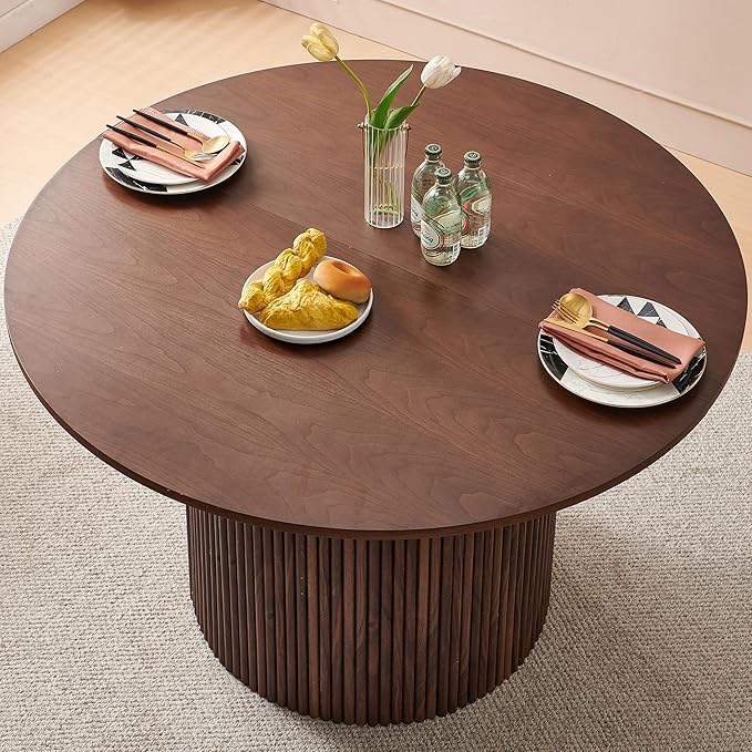 47" Round Dining Table for 4, Modern Farmhouse Wood Veneer Top with MDF Striped Base, Kitchen & Dining Room Tables - Walnut Color