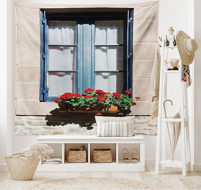 Ambesonne Country Tapestry Queen Size, Mediterranean Style Window Open Shutters Image French Urban Life Theme Print, Wall Hanging Bedspread Bed Cover Wall Decor, Queen Size, Blue Grey
