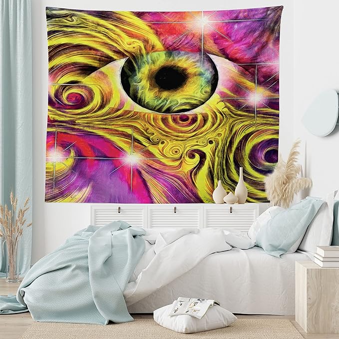 Ambesonne Psychedelic Tapestry, Hippie Hallucinatory Eye in Vivid Colors with Optical Swirl Lines Graphic, Fabric Wall Hanging Decor for Bedroom Living Room Dorm, 45" X 30", Fuchsia Yellow