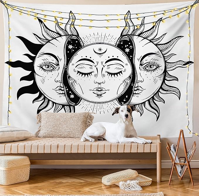 Ambesonne Moon Tapestry Queen Size, Monochrome Sun and Moon Pattern Oriental Image Culture Inspired Design Print, Wall Hanging Bedspread Bed Cover Wall Decor, 88" X 88", White Black