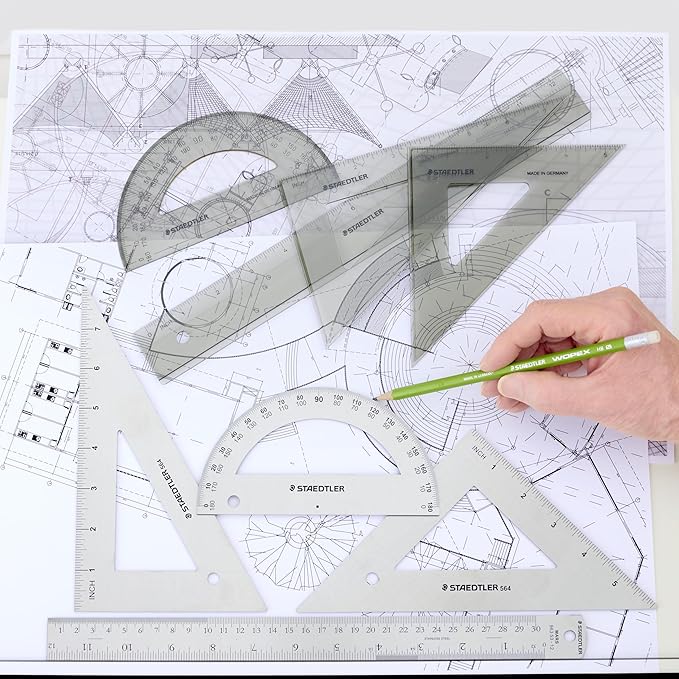 STAEDTLER College Combination Set - Triangle, Protractor & Ruler Set, Transparent Smoke Plastic with Beveled Edges, 4-Piece Set
