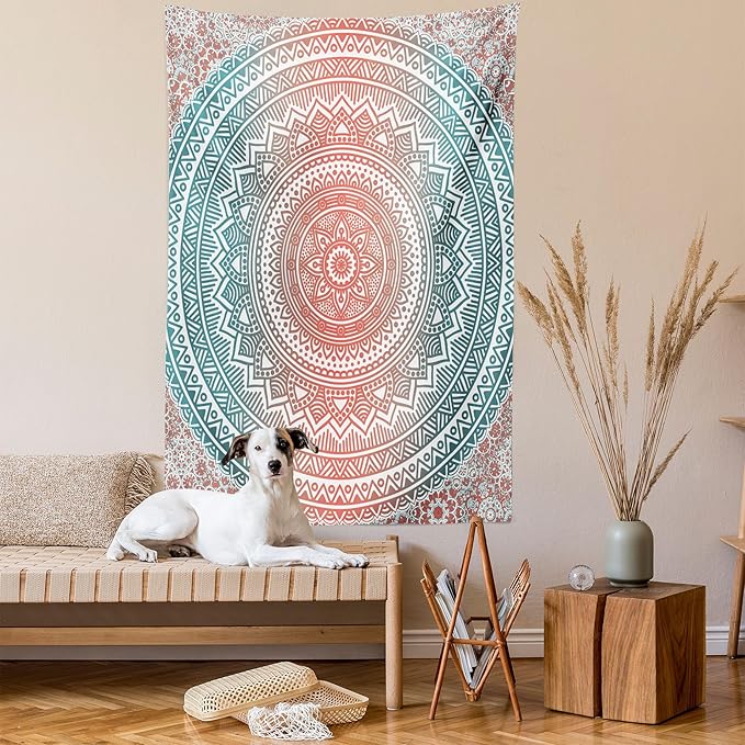 Ambesonne Teal and Coral Tapestry, Ombre Mandala Art Antique Gypsy Folk Pattern Cosmos Image, Wall Hanging for Bedroom Living Room Dorm Decor, 60" X 80", Teal Coral