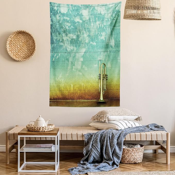 Ambesonne Music Tapestry, Old Aged Worn Single Trumpet Stands Alone Against a Faded Wall Jazz Theme Photo, Fabric Wall Hanging Decor for Bedroom Living Room Dorm, 30" X 45", Teal Brown