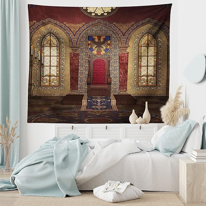 Ambesonne Gothic Tapestry, Red Medieval in Chapel Eagle Portrait on Wall Fantasy Building Print, Fabric Wall Hanging Decor for Bedroom Living Room Dorm, 45" X 30", Brown Ruby