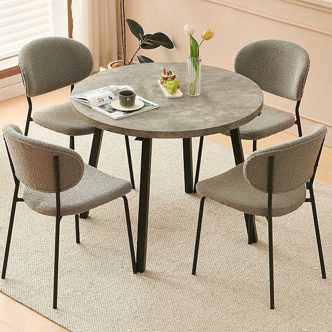 5-Pieces Kitchen Dining Table Set for 4, Grey Round Table MDF with 4 Metal Hooks for Hanging, Modern Dining Table Set with 4 Seated Grey Boucle Dining Chairs for Living Room, Apartment