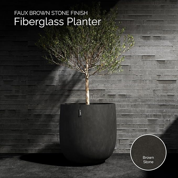 Mondo Large Planter – Brown Stone Finish – Fiberglass Indoor/Outdoor and Weather-Resistant Round Planter (39.4" D x 39.4" H Exterior, 37.8" D x 39.4" H Interior)