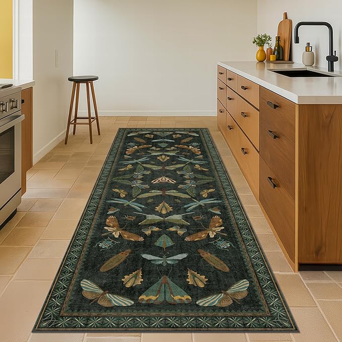 3x8 Dark Green Long Hallway Runner Rug - 8ft Washable Non Skid Wide Runner Rugs for Kitchen, Entrance, Boho Insect Indoor Décor, Low Pile & Soft Stain Resistant Carpet