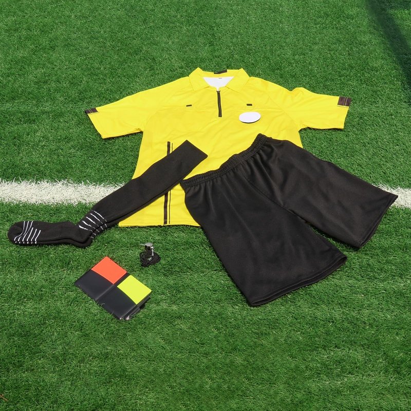 5Pcs Soccer Referee Shirt Jersey Kit Official Short Sleeve Ref Shirts Uniform Halloween Costume for Men & Women Yellow S