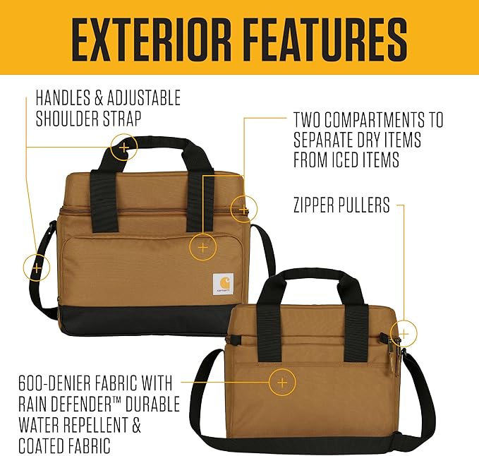 Carhartt Insulated Two Compartment Cooler, Durable Water Repellent Material W/Front Zippered Pocket for Camping, Beach & Travel
