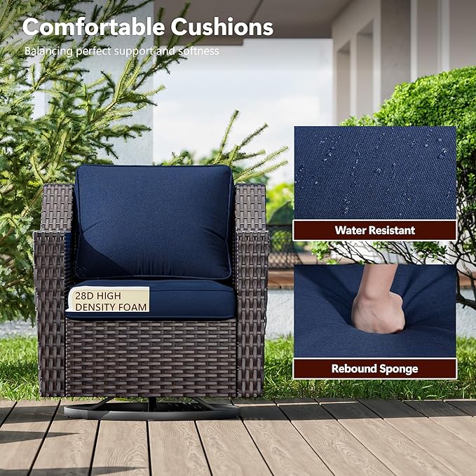 6 Pieces Wicker Patio Furniture, Luxury Outdoor Furniture with 2 Patio Swivel Chair, 3-Seater Sofa, 2 Patio Ottoman and 1 Side Table, Wide Armrest, Thickened Cushions