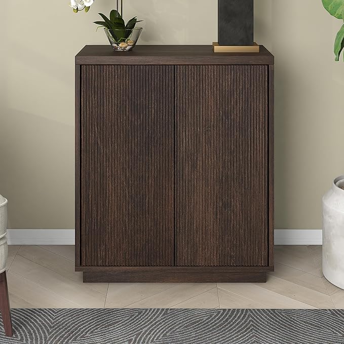 Henn&Hart 28" Fluted Wooden Accent Cabinet, Ribbed Modern Sideboard Buffet Cabinet with 2 Doors and an Adjustable Shelf for Living Room, Dining Room, Bedroom or Entryway, Alder Brown
