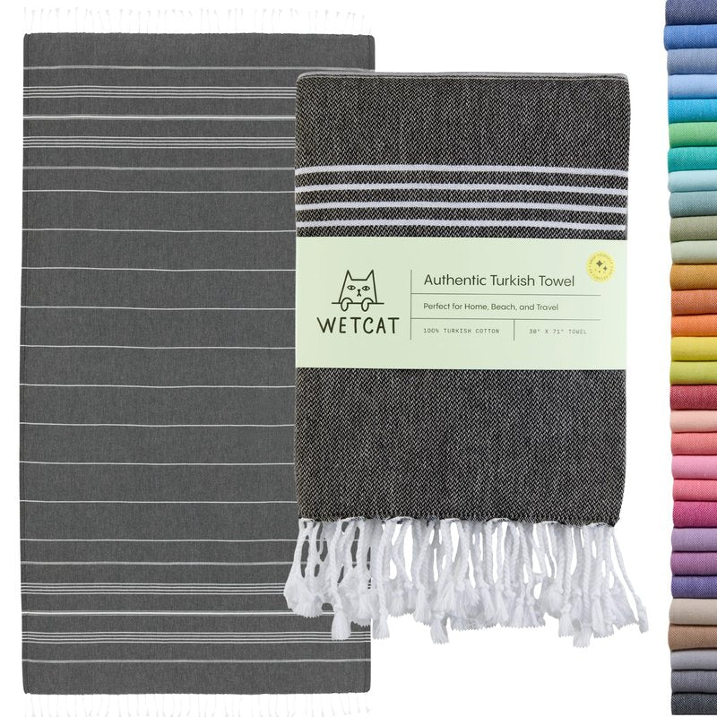 WETCAT Turkish Beach Towel Oversized (38"x71") 100% Turkish Cotton, Made in Turkey - Sand Free, Extra Large, Ultra Soft, Quick Drying, Compact & Lightweight for Travel - Black