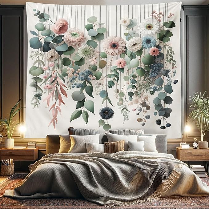 Ambesonne Flower Tapestry King Size, Modern Lines Leafy Eucalyptus Pattern with Tender Sunflower and Peony, Wall Hanging Bedspread Bed Cover Wall Decor, 104" X 88", Grey Teal Laurel Green